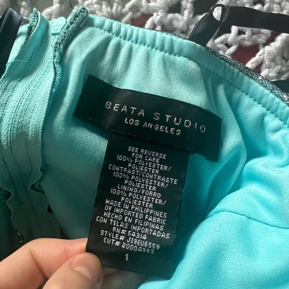 SEAFOAM AND NAVY SPARKLY DRESS BEATA STUDIO GRADUATION DRESS DANCE WEDDING - Picture 3 of 3